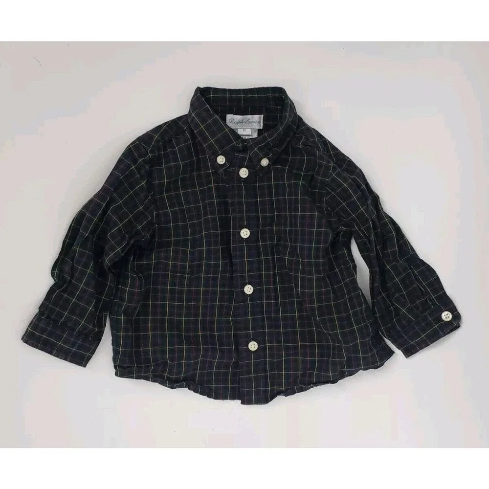 Ralph Lauren Shirt Boy 6M Months Tartan Dark Plaid Striped Long Sleeve Button Up
